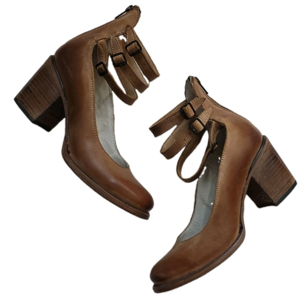 Freebird by Steven RANDI Tan Leather Strappy Block Heels - Women's 10
